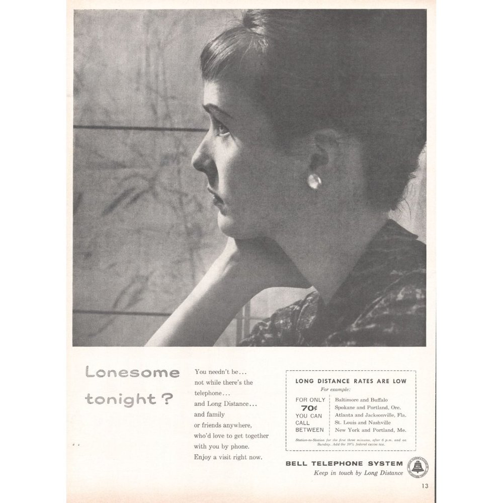 1960 Bell Telephone Long Distance Vintage Print Ad Housewife Lonesome Tonight